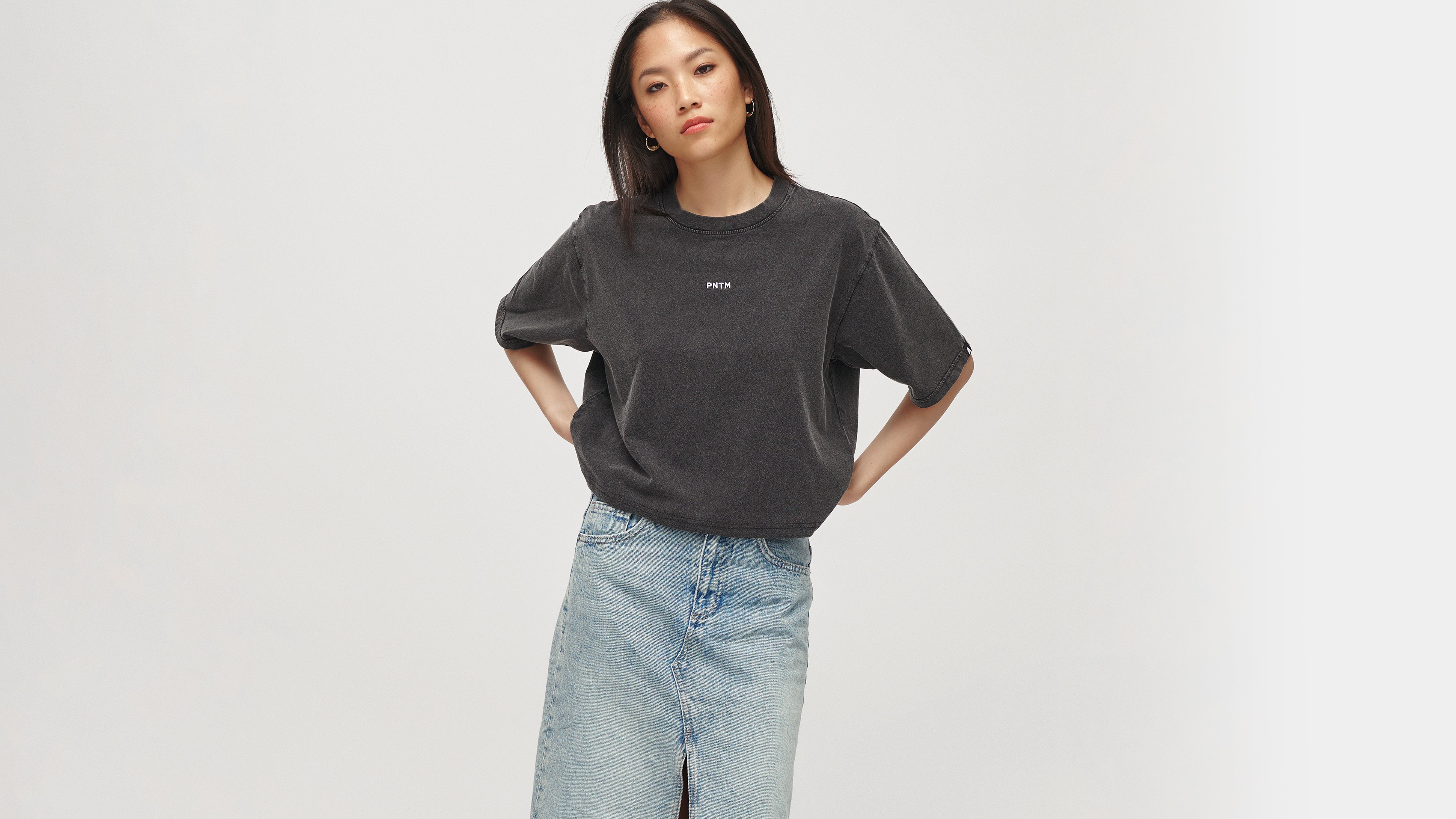 Pinetime Clothing PNTM Embroidery Cropped Organic T-Shirt Washed Black